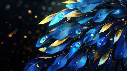 A stunning low-poly 3D illustration of bright blue and gold peacock feathers, set against a sleek black metaverse-inspired background.