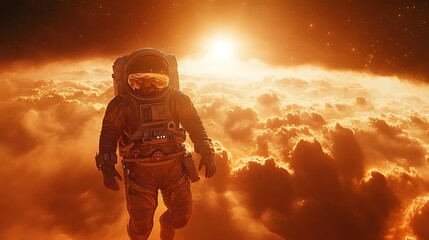 An astronaut floating above a planet's atmosphere, a radiant star setting beyond the horizon, cinematic lighting casting warm golden and orange hues on the suit, hd quality, ultra-detailed textures,