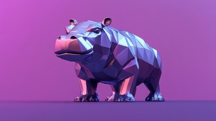 Naklejka premium A stylized low-poly robot hippo with a metallic sheen, standing confidently on a solid purple background, evoking futuristic tech.