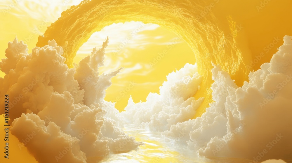 Poster a surreal abstract scene with a yellow background and white clouds emerging from a tunnel, creating 