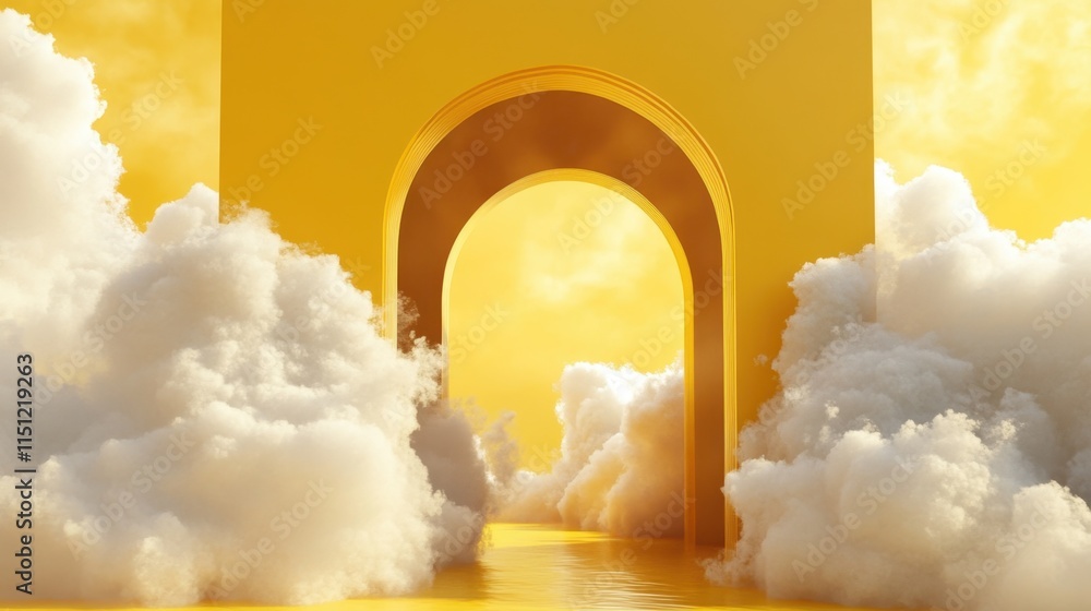 Poster a surreal abstract scene with a yellow background and white clouds emerging from a tunnel, creating 