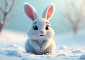 Whimsical 3D Arctic Hare Illustration with Thick Fur and Oversized Eyes for Cold Theme Designs