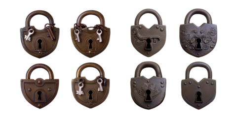 Vintage padlocks collection on transparent background, PNG collection, set bundle, isolate on transparent or white background