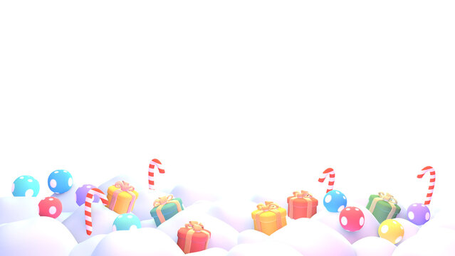 3D render cartoon Christmas gifts and candy canes in the snow frame on transparent background.