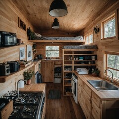 A tiny house interior with innovative storage solutions.