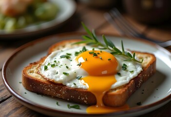 Toasts with baked eggs and herbs, healthy eating
