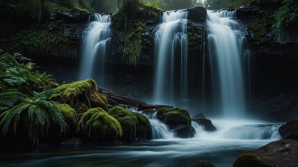 Serene Waterfall Cascading Over Mossy Rocks