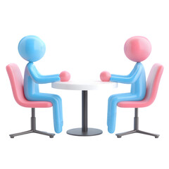 Two cartoon style people sitting at round table having conversation for interview discussion meeting collaboration business talk communication concept