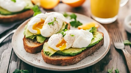 a cozy breakfast table set with avocado toast, poached eggs, and fresh orange juice.