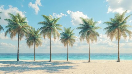 Fototapeta premium Idyllic tropical beach scene with palm trees, white sand, and turquoise ocean under a sunny sky. (4)