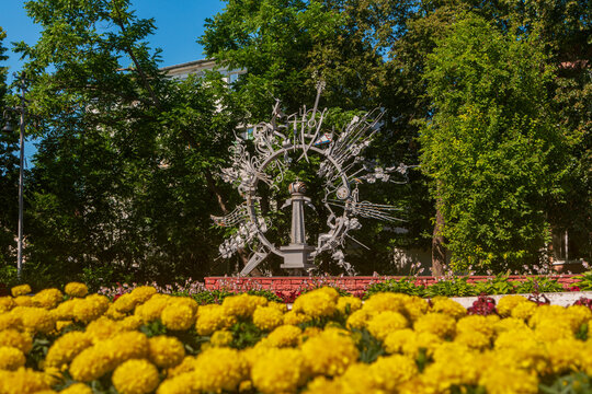 Ulyanovsk, Russia - July 17, 2024: Genre sculpture "First Circle" in the city square.