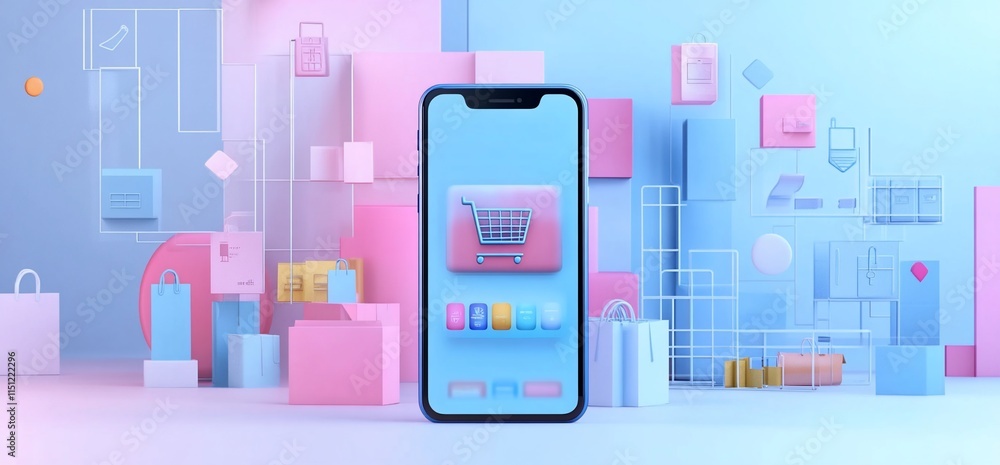 Poster a smartphone displaying a shopping cart icon amidst colorful geometric shapes.