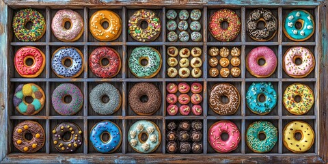 Fototapeta premium Colorful Gourmet Donuts in Wooden Box Sweet Treats Bakery Dessert