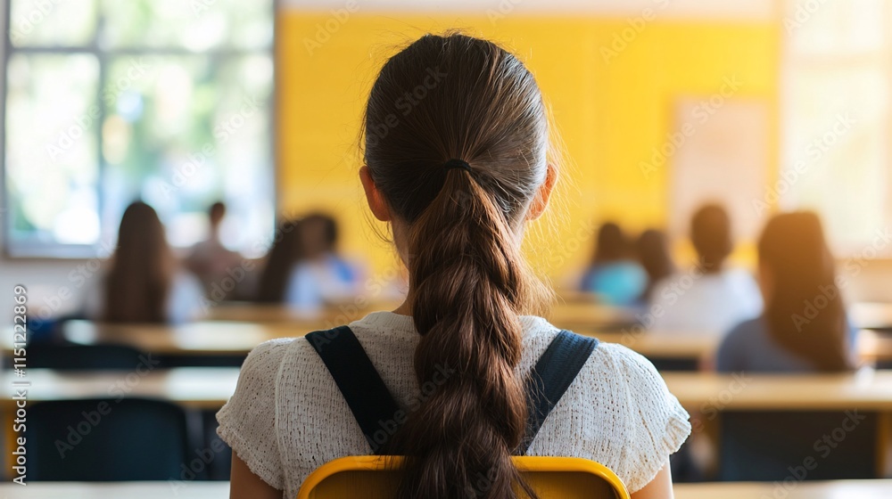 Poster a student with a braid in a classroom, focusing on learning and education.
