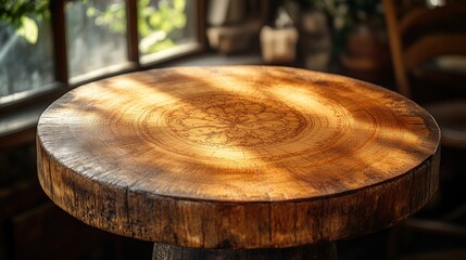 Fototapeta premium Rustic wooden table top with sunlit detail.