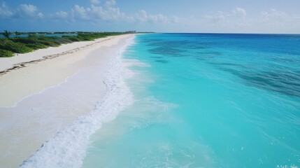 Idyllic tropical beach with white sand, turquoise water, and gentle waves.