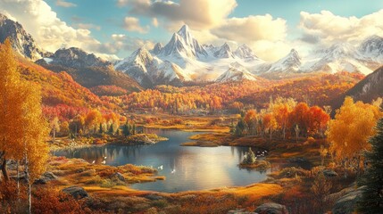 Fototapeta premium Majestic autumn mountain lake landscape with vibrant foliage and snow-capped peaks.