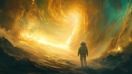 Fototapeta premium An astronaut floating near an alien planet’s auroras, vibrant streaks of gold and turquoise painting the sky, cinematic lighting creating dramatic contrasts, hd quality,