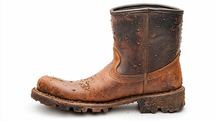 Dirty brown leather boot isolated on white background.