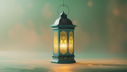 Fototapeta premium Illuminated Ornate Lantern Hanging Softly Against a Green Background