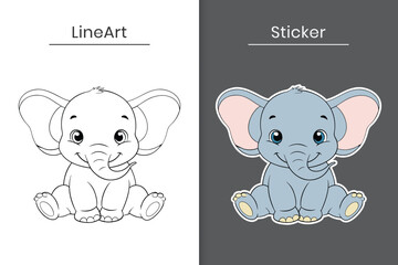 Cute cartoon baby elephant vector outline and sticker. Cute baby elephant line art flat illustration