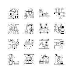This set of icons depicts various aspects of modern industrial automation and manufacturing processes
