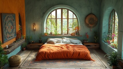 Bohemian Bedroom with Orange Bedding. Concept of Relaxation and Tranquility.