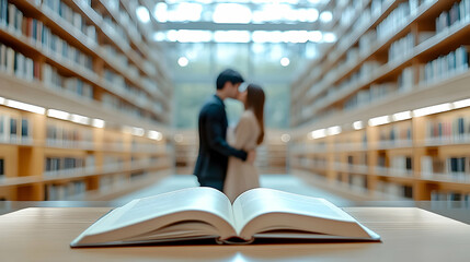 Open book on table with couple kissing, blurred library background, cinematic romantic scene