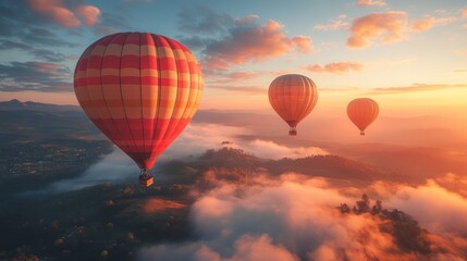 Obraz premium Three hot air balloons soar above sunrise clouds.