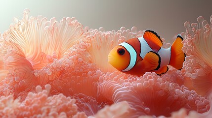 Masterpiece 8k ultra-realistic vibrant clownfish nestled in coral, isolated on a pastel orange background
