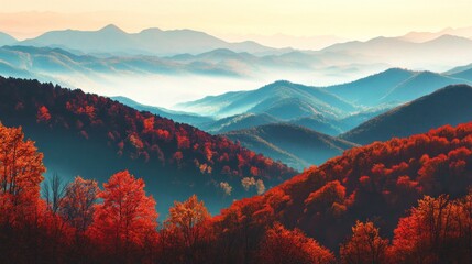 Panoramic autumn landscape with colorful foliage-covered mountains and misty valleys.