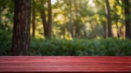 Naklejka premium Wooden rustic table on a grassy floor with bokeh lights, perfect for summer picnic backdrop