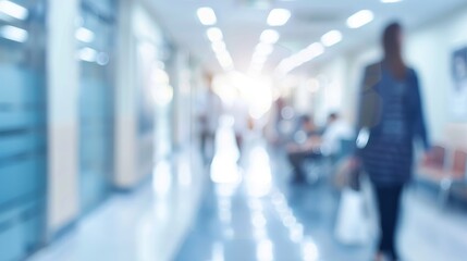 A blurred image of a busy hallway in a public building, suggesting activity and movement.
