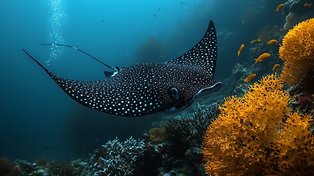 Spotted eagle ray gliding gracefully, isolated on a soft ocean blue background