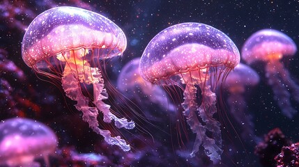 Translucent jellyfish floating gracefully, isolated on a rich purple background