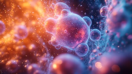 Abstract glowing spheres in vibrant orange and blue hues, resembling a microscopic view or cellular structure.