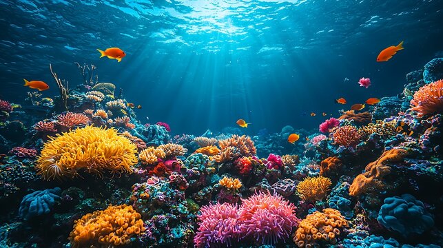 Vibrant coral reef setup with colorful fish, isolated on a deep blue gradient background