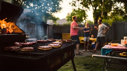 a family gathered around a backyard grill, laughing and preparing burgers