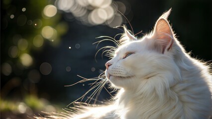 Close up white Ragdoll cat basking sunbathing pose sunlight relaxing soft fluffy bokeh effect background 