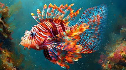 Vibrant lionfish, dorsal spines extended, displayed on a rich teal background