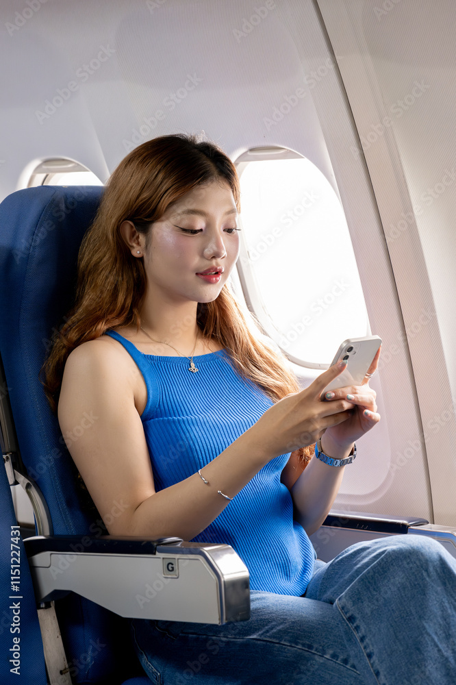 Fototapete Happy Asian female passenger using her smartphone to read a text message conversation during a flight while sitting in a window seat during a plane trip.