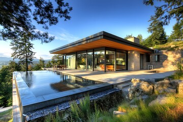 Fototapeta premium Modern House with Infinity Pool and Mountain View. Contemporary Architecture, Luxury Home Design.