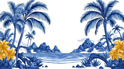 Blue Tropical Beach Palm Tree Landscape - Monochromatic Color Palettes
