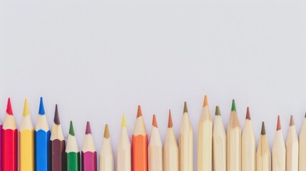 A colorful arrangement of sharpened colored pencils on a plain background.