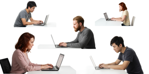 a collage of people working on laptop PNG on transparent background