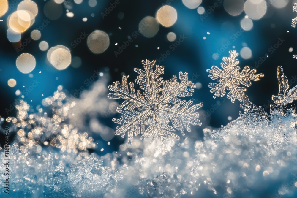 Poster close-up of intricate snowflakes on snow with bokeh lights.