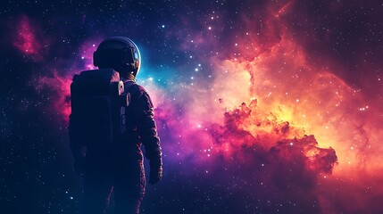 Obraz premium An astronaut observing a distant star cluster, brilliant colors shimmering across the void, cinematic lighting illuminating their silhouette, hd quality,