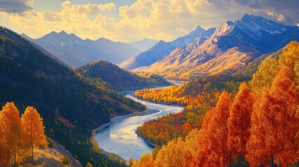 Scenic autumn landscape with river winding through vibrant foliage and majestic mountains under a partly cloudy sky.