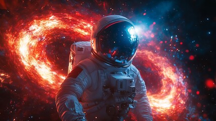 An astronaut observing a glowing portal of warped time, dynamic energy spirals of red and blue cascading outward, cinematic lighting enhancing the reflective surfaces of the suit, hd quality,