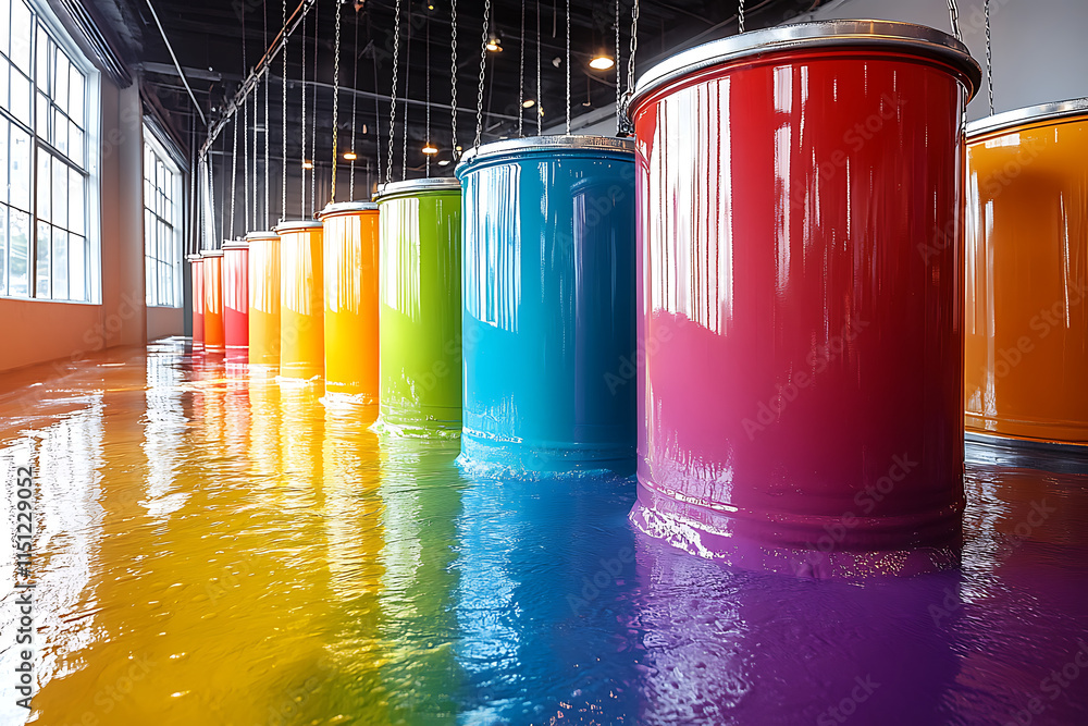Poster art installation featuring colorful buckets and a rainbow floor in a gallery setting.